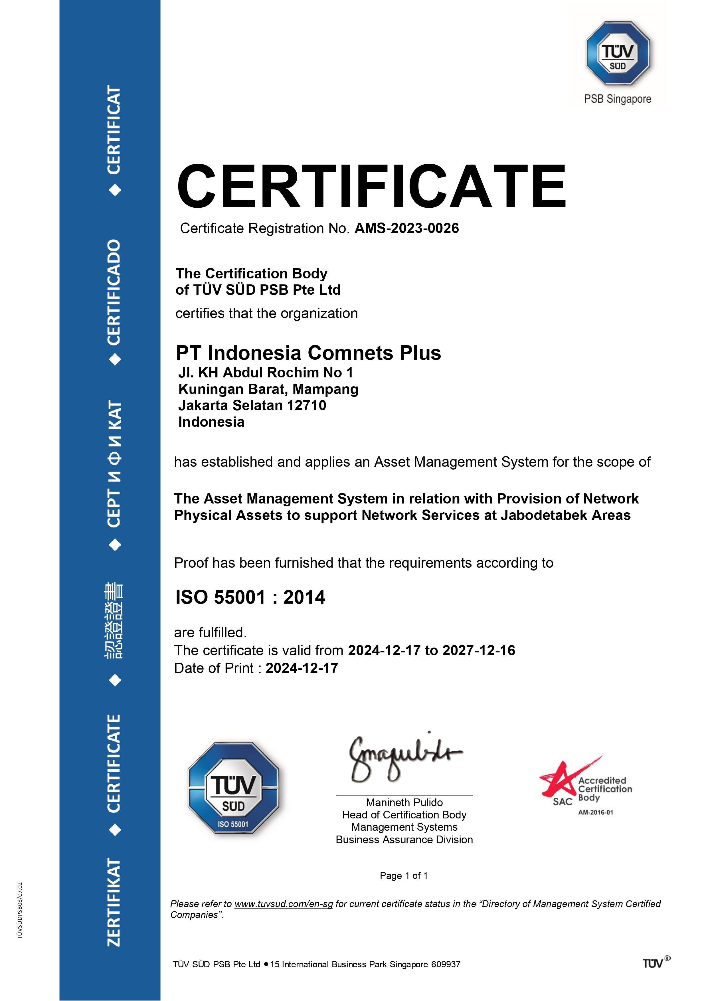 ISO 55001:2014 (Asset Management System)
